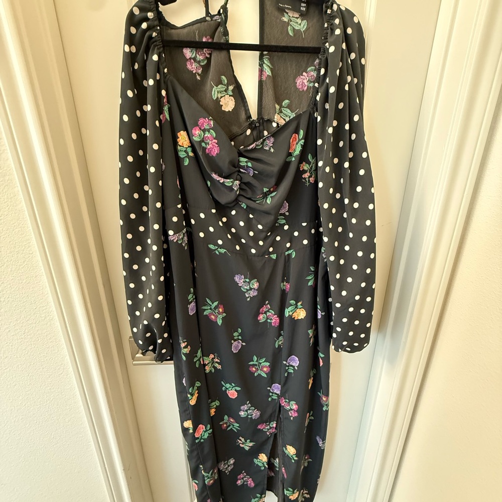 ASOS Curve Black Floral and Polka Dot Long Sleeve Dress